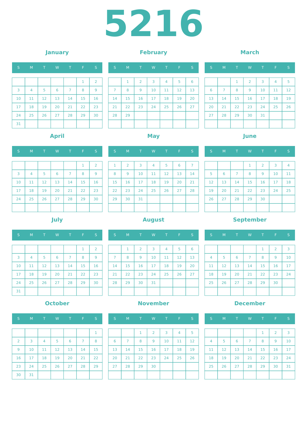 Printable 5216 Year Calendars verdigris