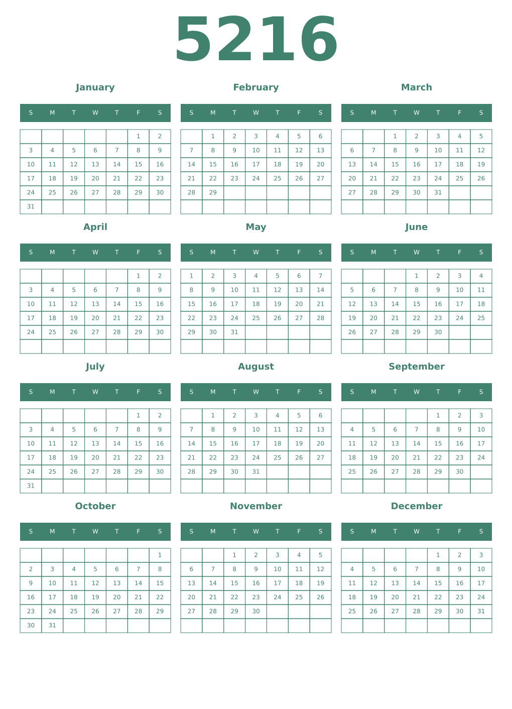 Printable 5216 Year Calendars viridian