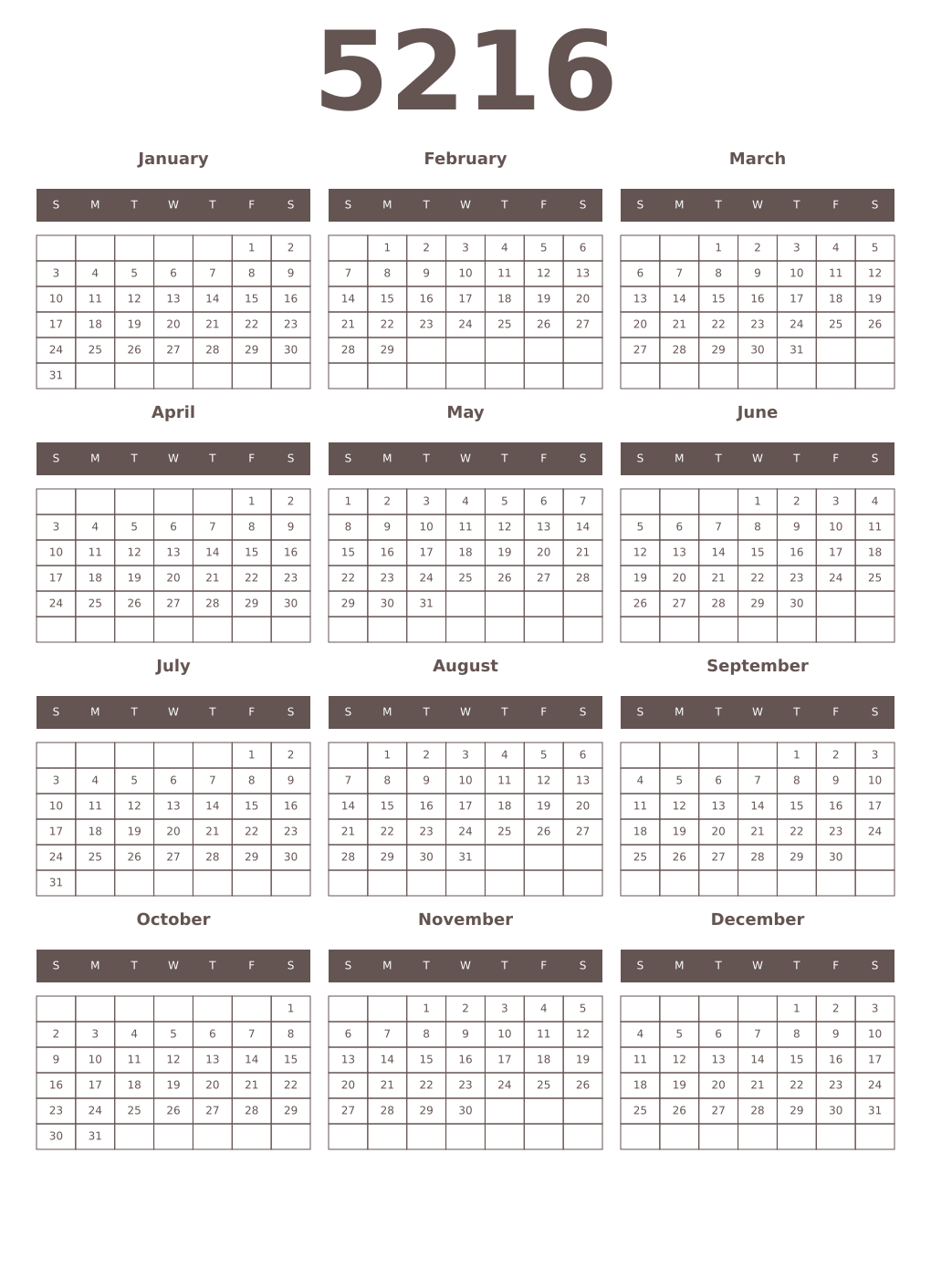 Printable 5216 Year Calendars wenge