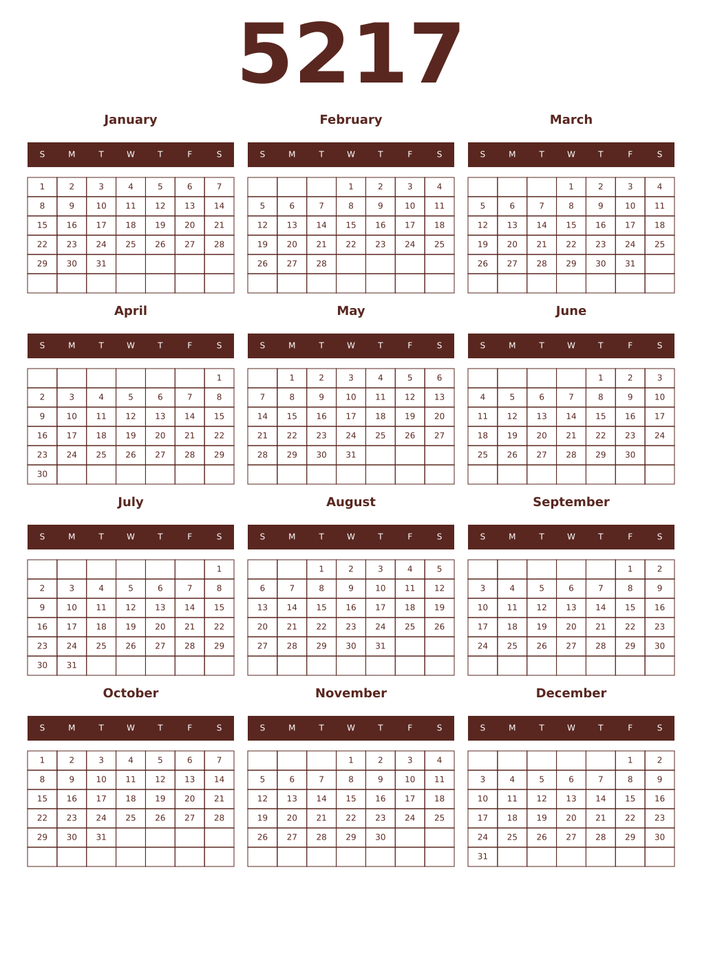 Printable 5217 Year Calendars mortuum