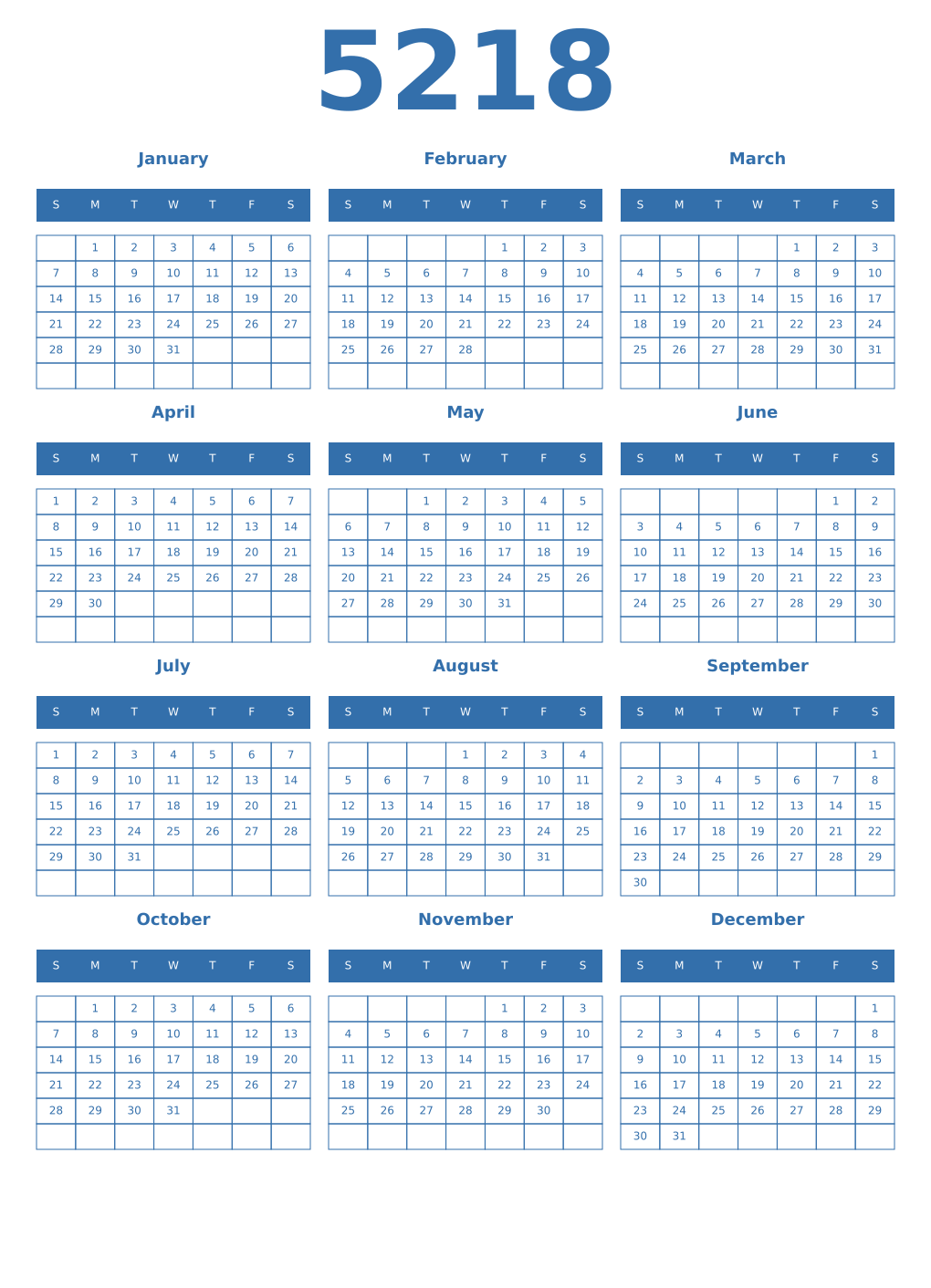 Printable 5218 Year Calendars blue