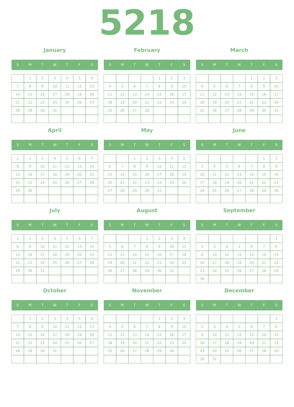 Printable 5218 Year Calendars celadon