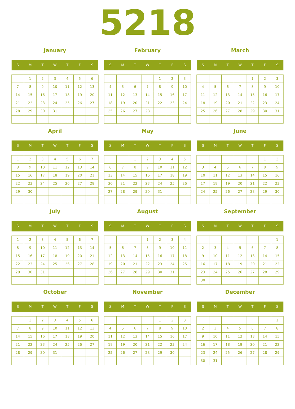 Printable 5218 Year Calendars chartreuse