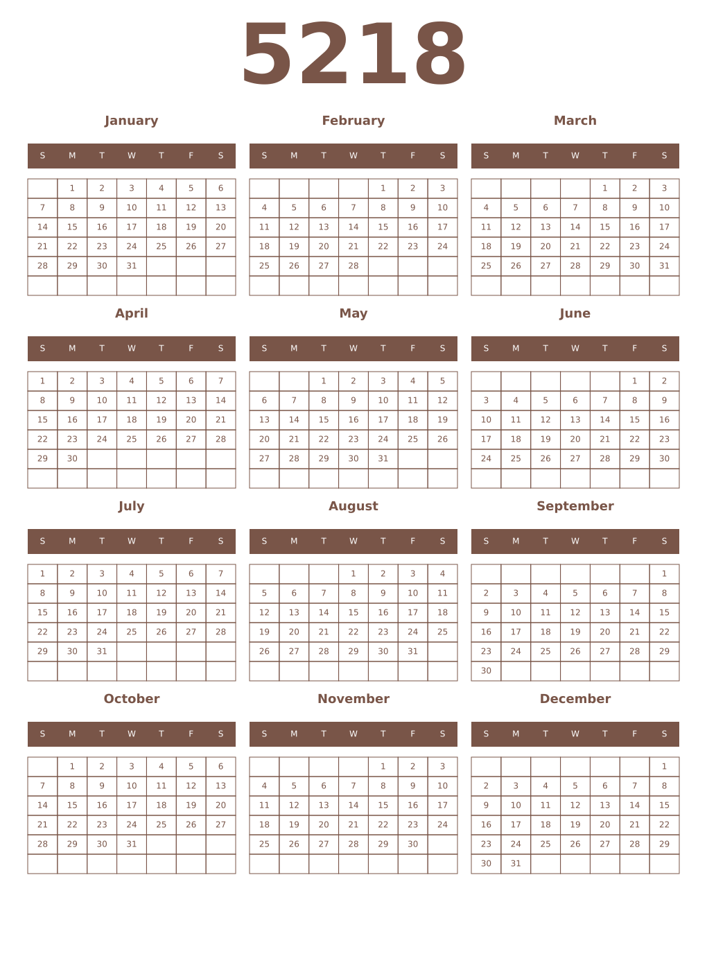 Printable 5218 Year Calendars coffe