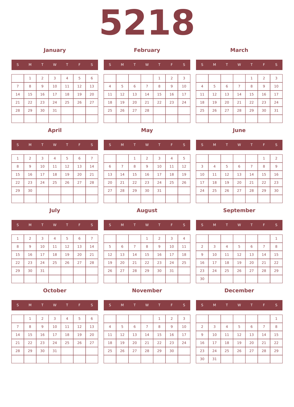 Printable 5218 Year Calendars cordovan