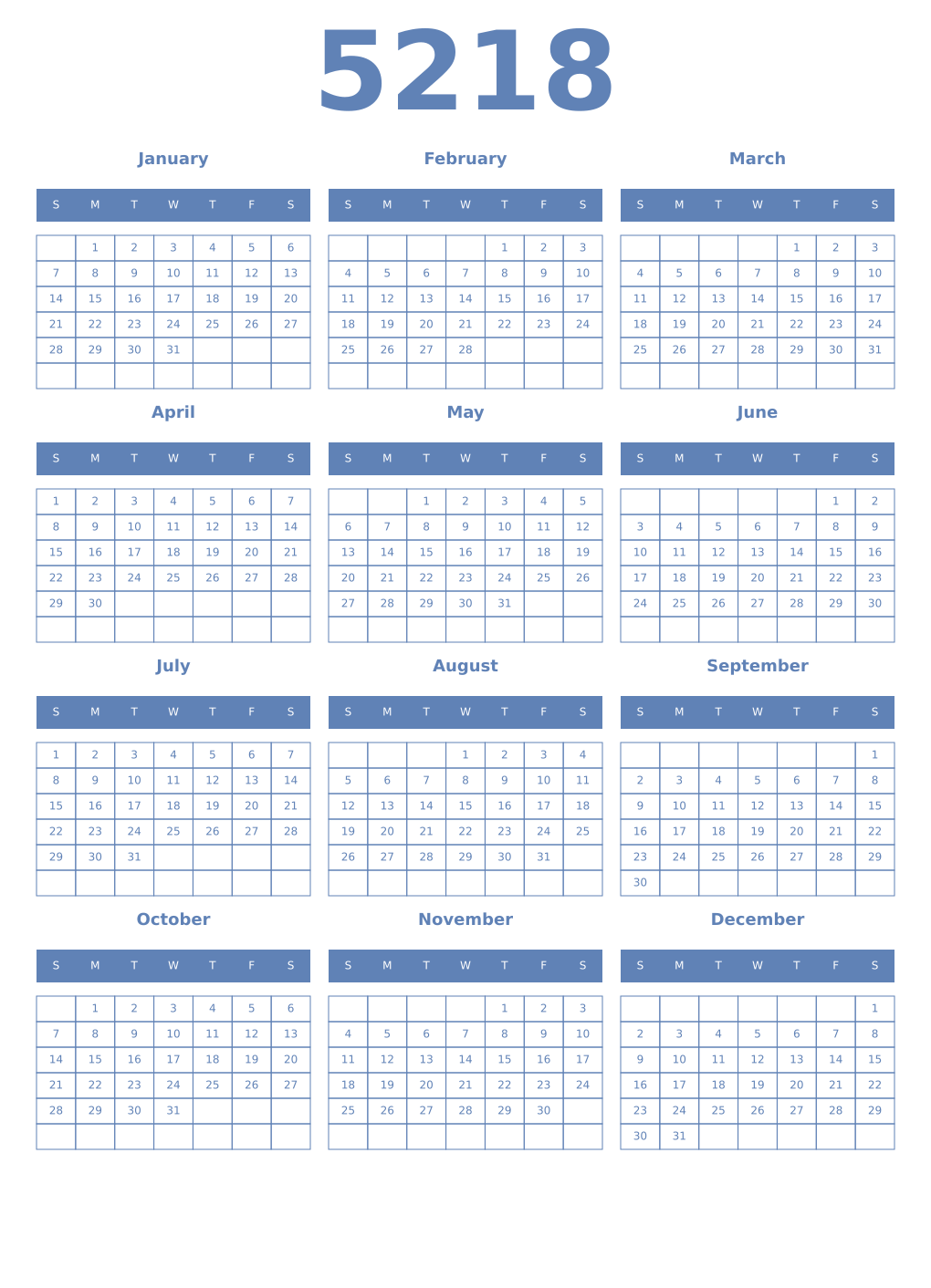 Printable 5218 Year Calendars glaucous