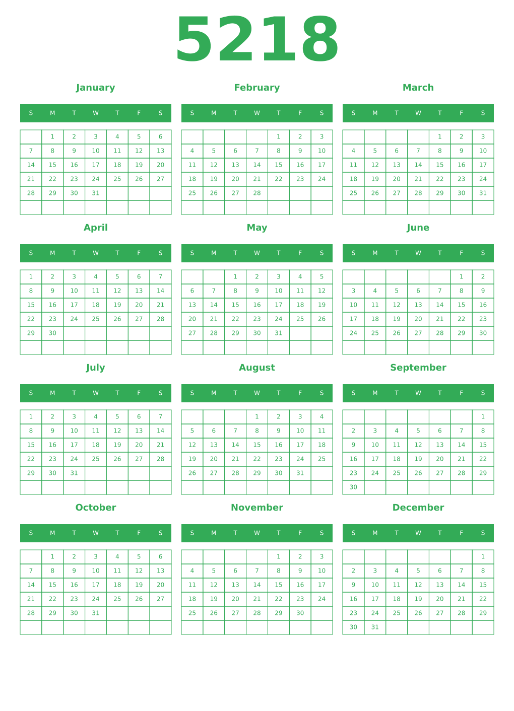 Printable 5218 Year Calendars green