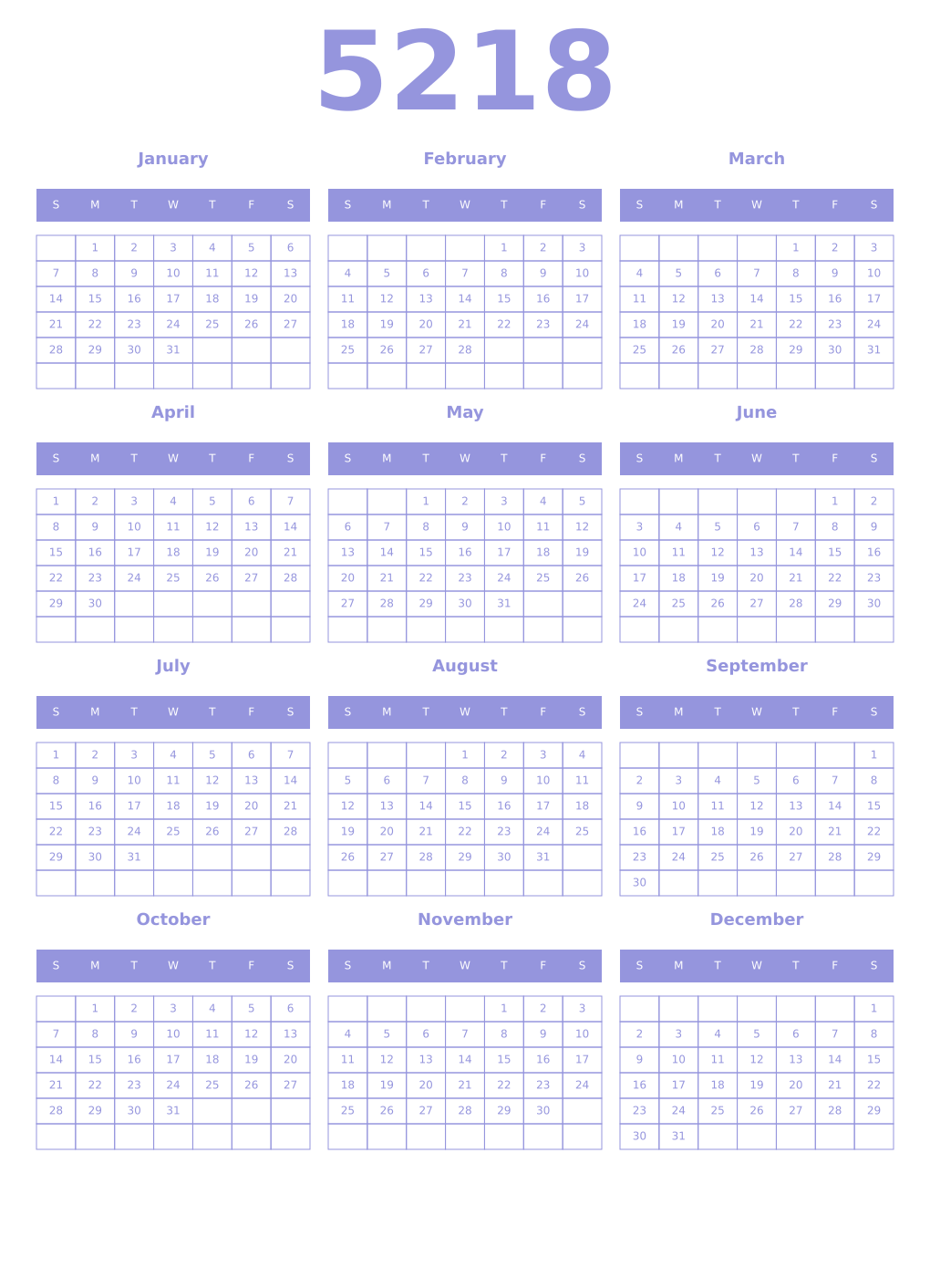 Printable 5218 Year Calendars periwinkle