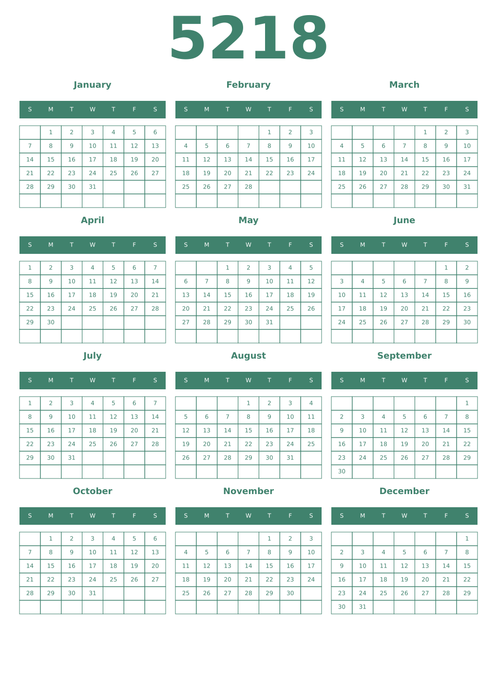Printable 5218 Year Calendars viridian