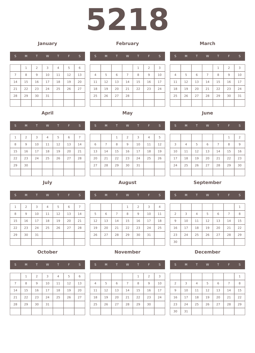 Printable 5218 Year Calendars wenge
