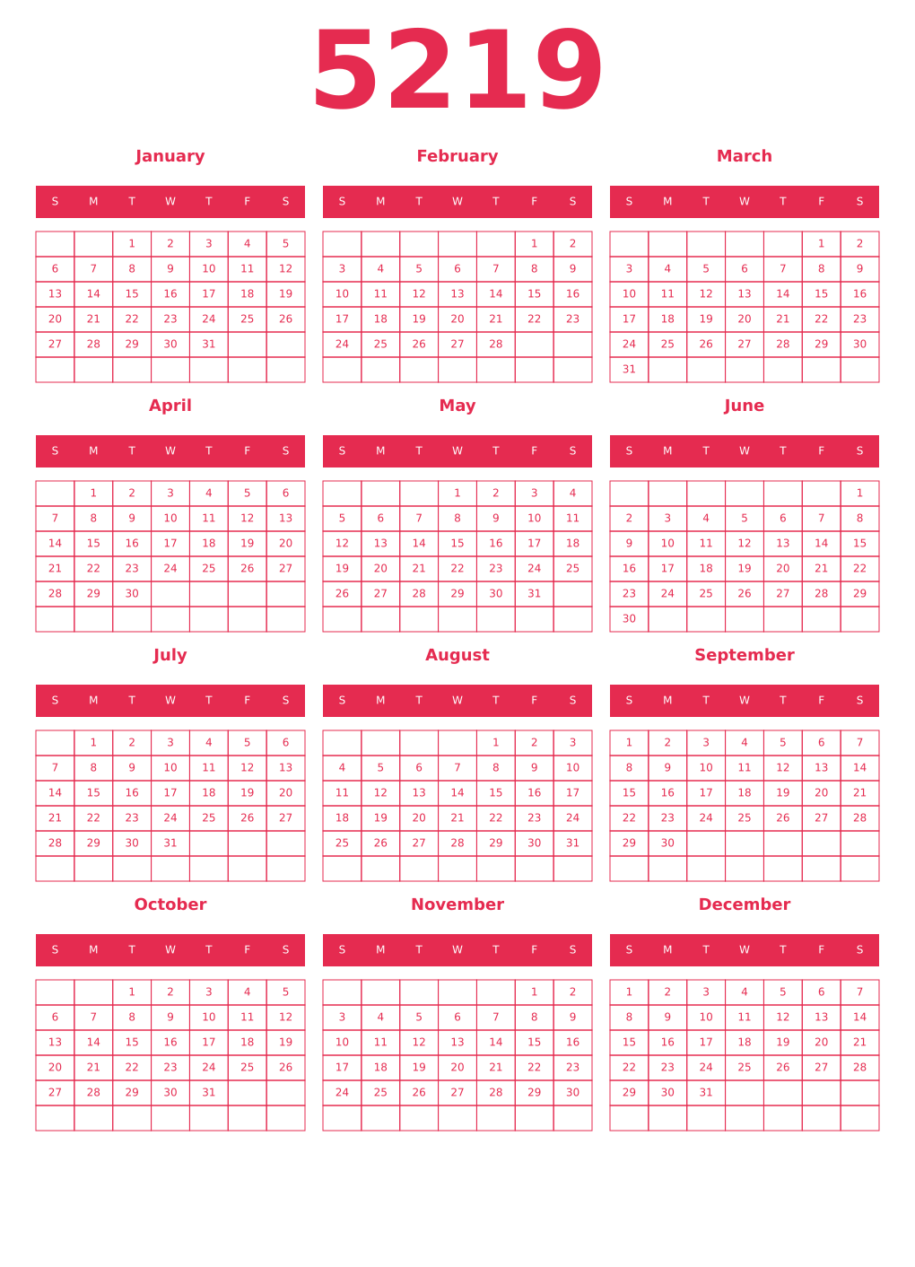 Printable 5219 Year Calendars amaranth