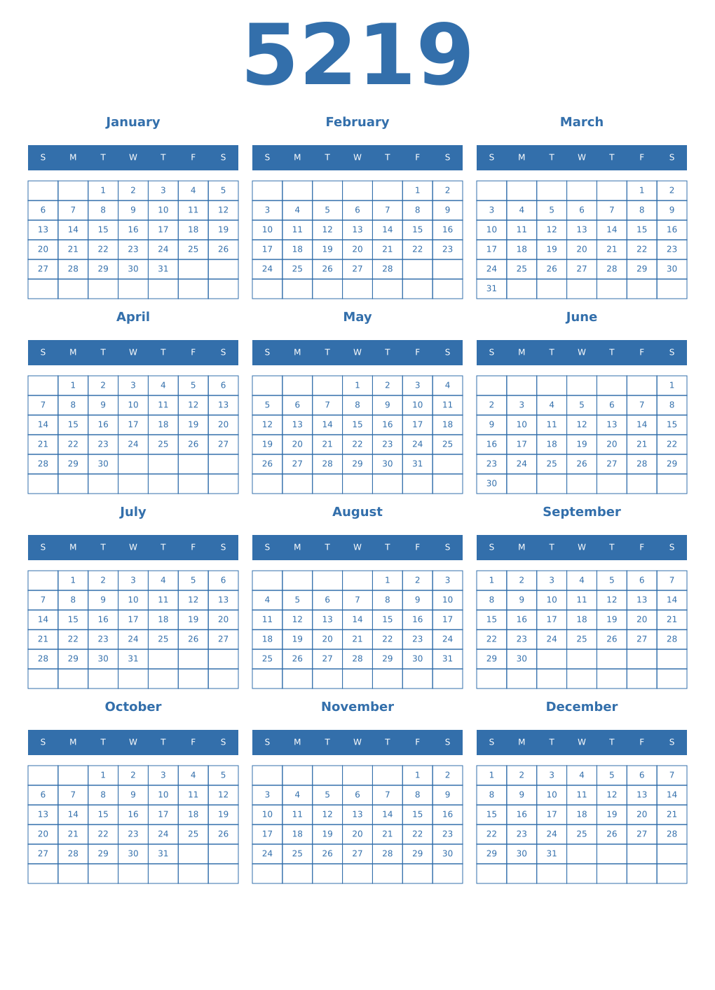 Printable 5219 Year Calendars blue