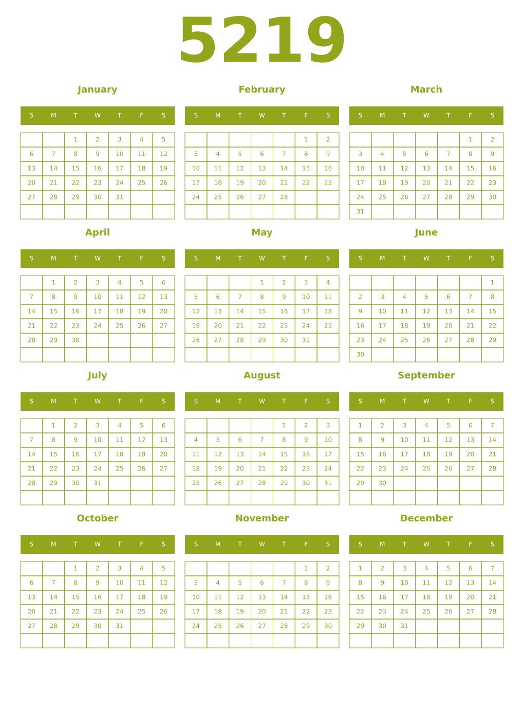 Printable 5219 Year Calendars chartreuse