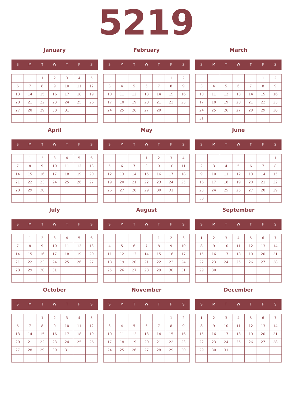 Printable 5219 Year Calendars cordovan