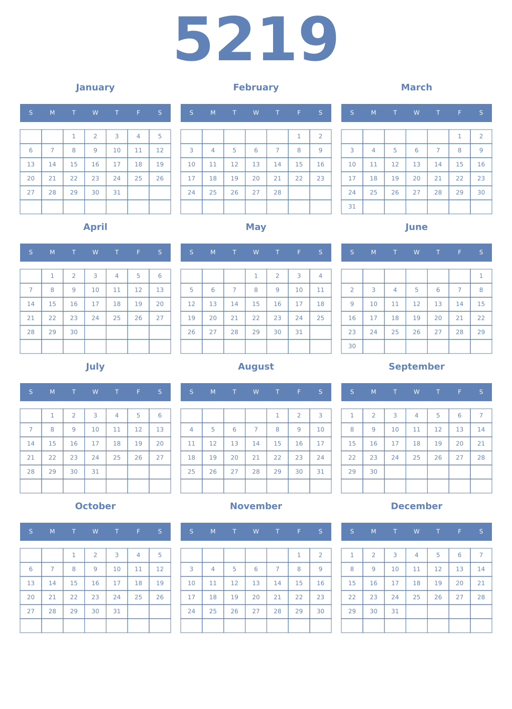 Printable 5219 Year Calendars glaucous