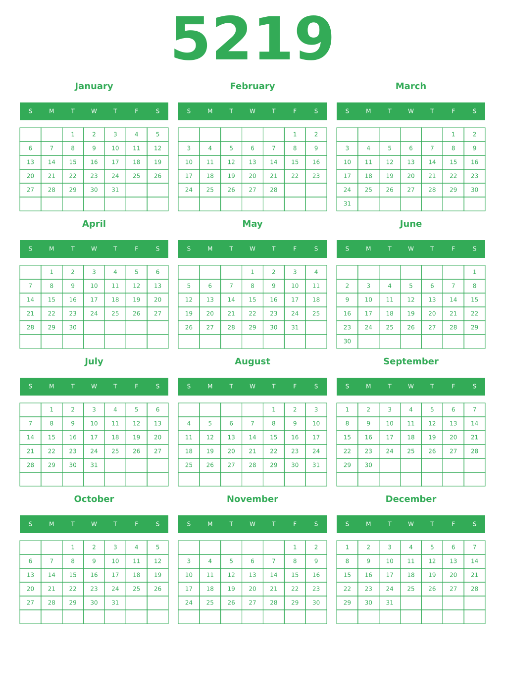 Printable 5219 Year Calendars green