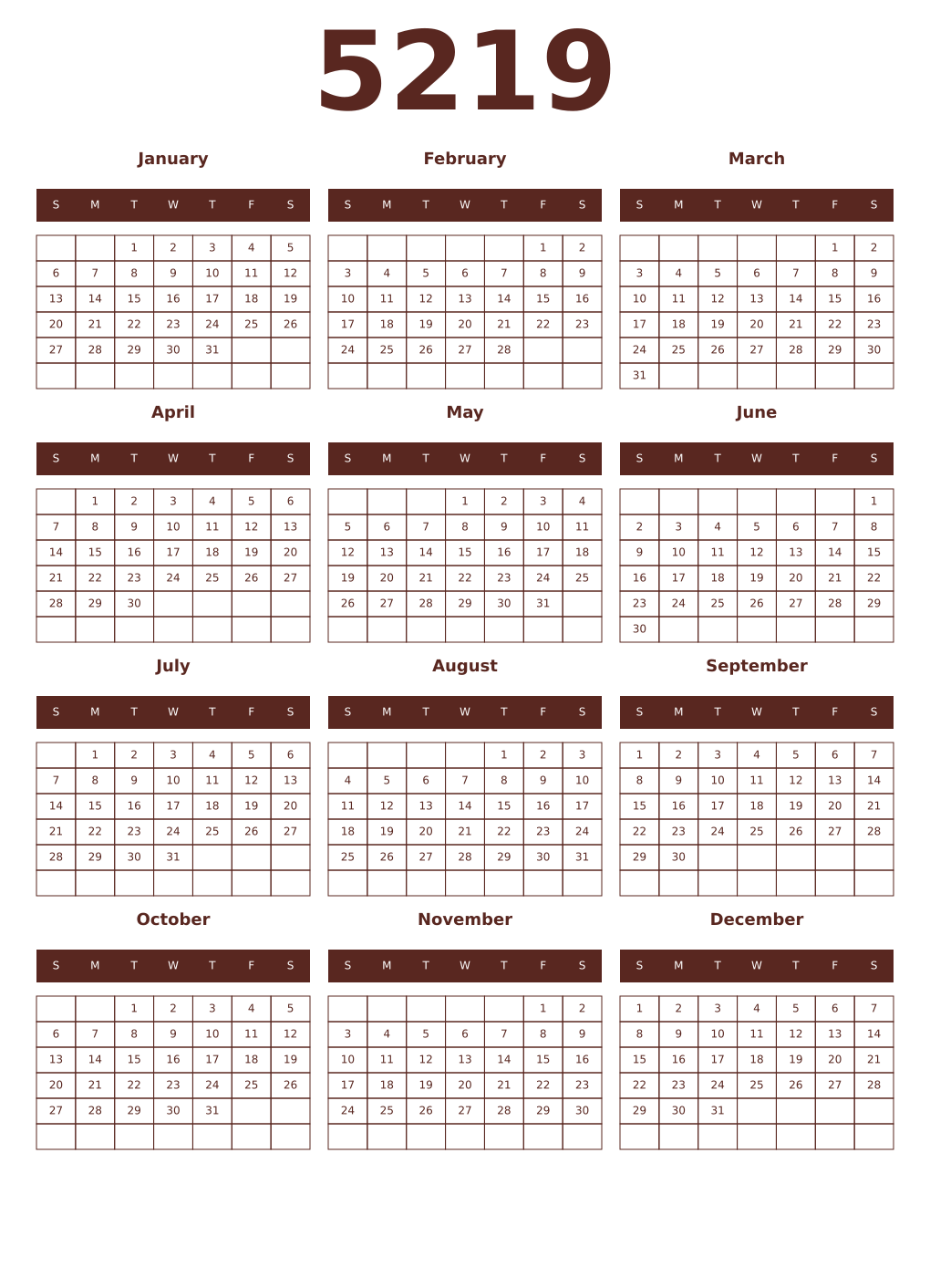 Printable 5219 Year Calendars mortuum