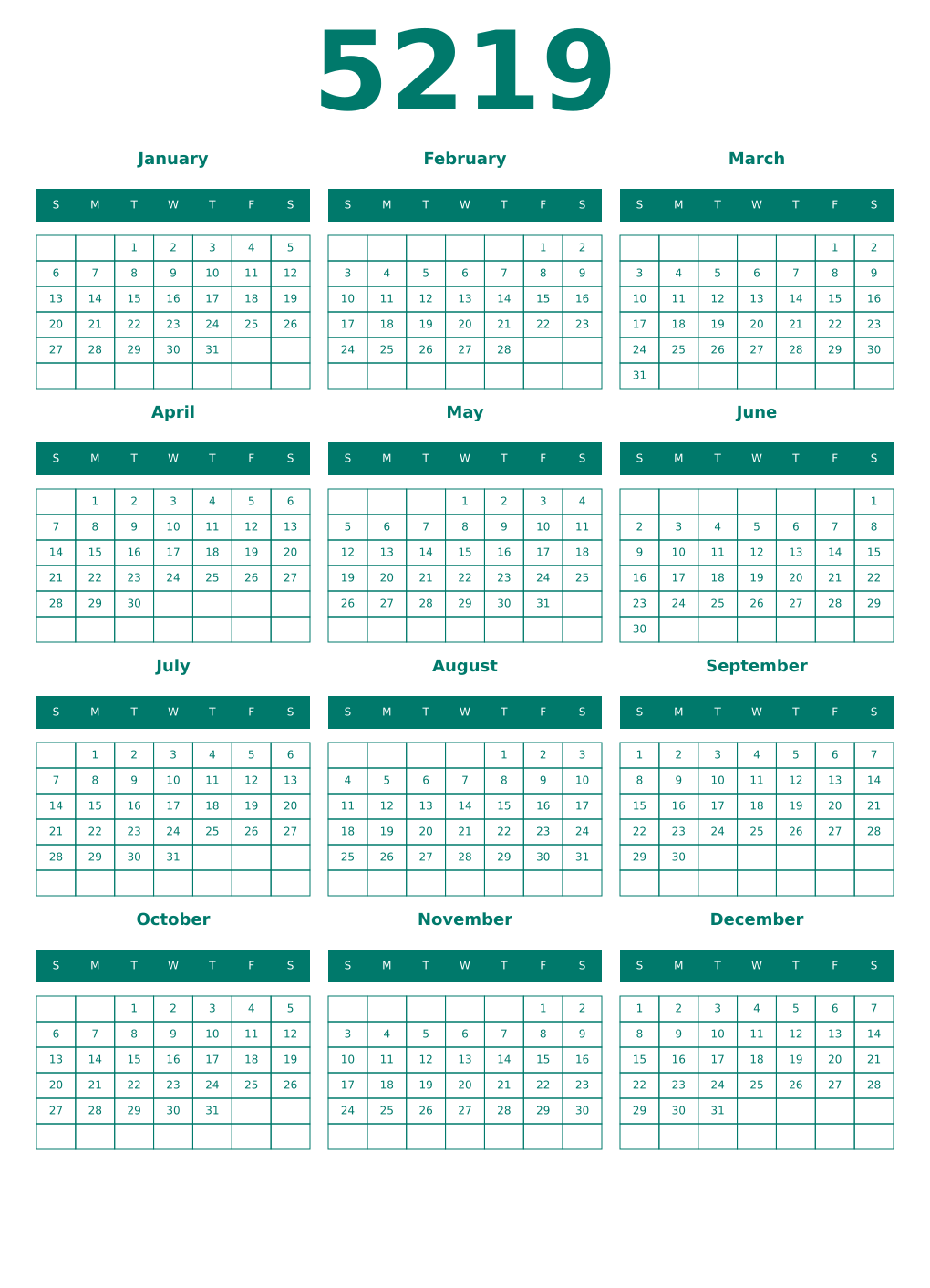Printable 5219 Year Calendars pastel