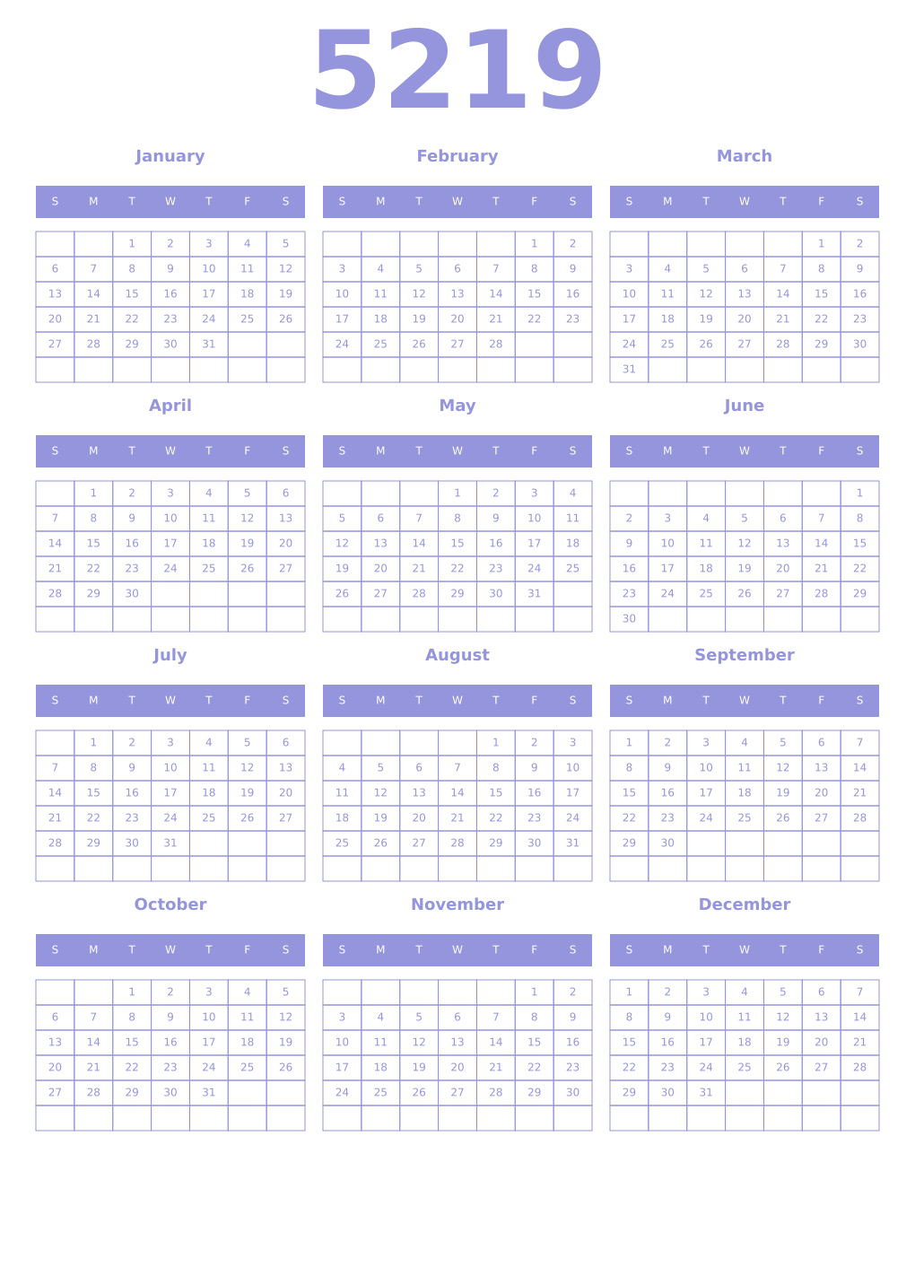 Printable 5219 Year Calendars periwinkle