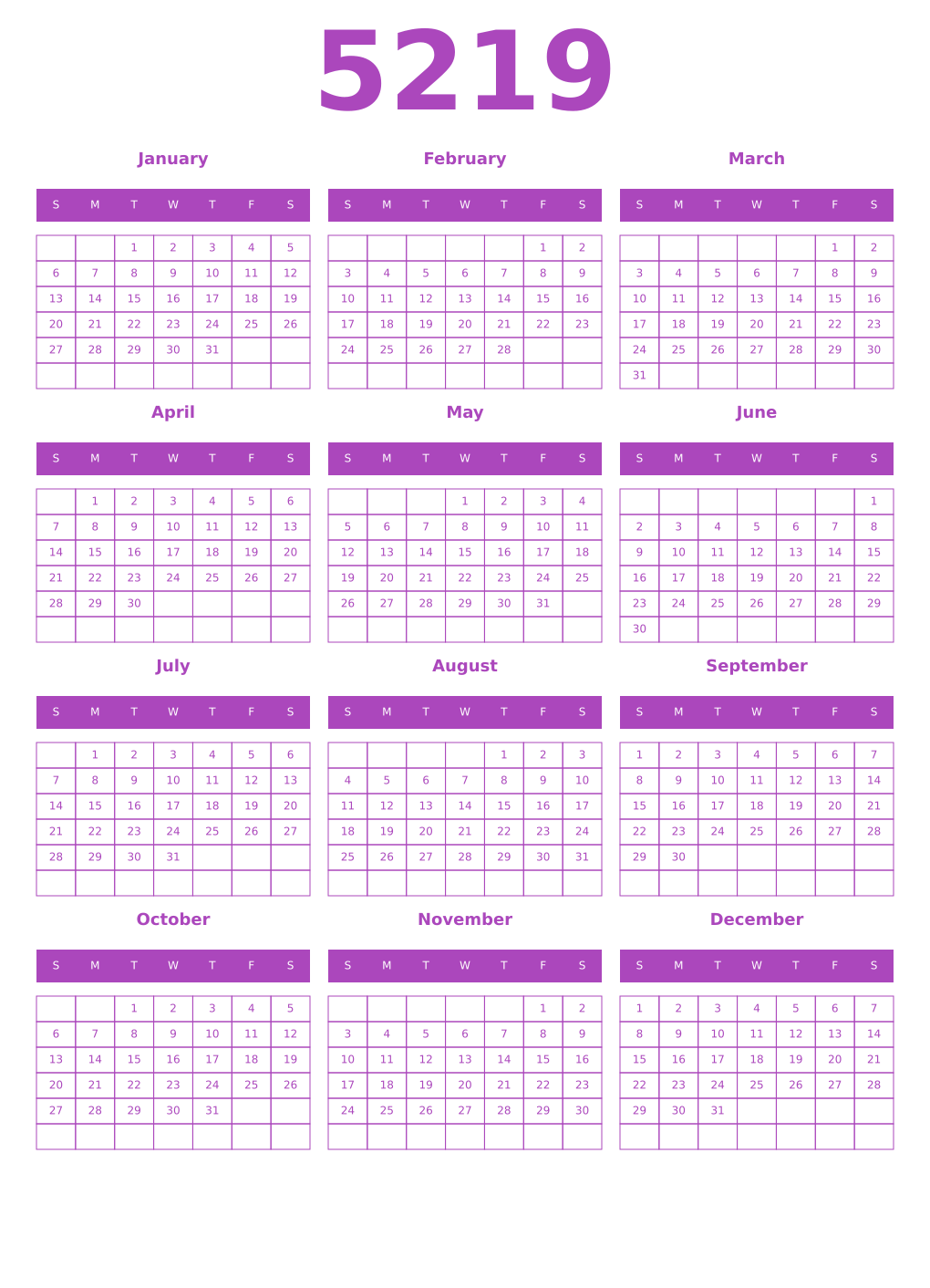 Printable 5219 Year Calendars purple