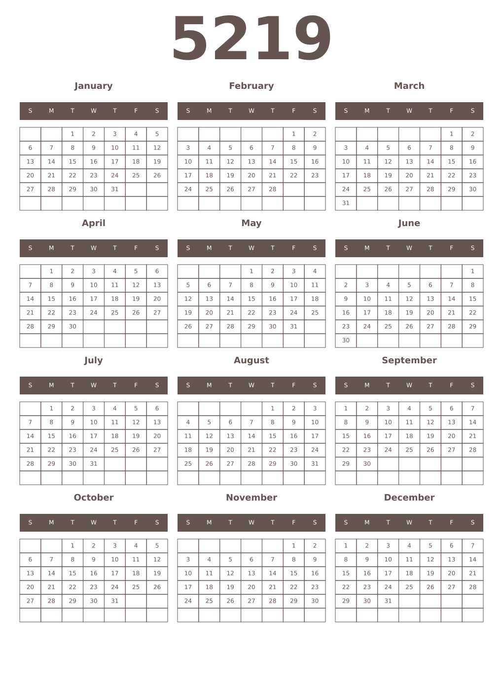 Printable 5219 Year Calendars wenge