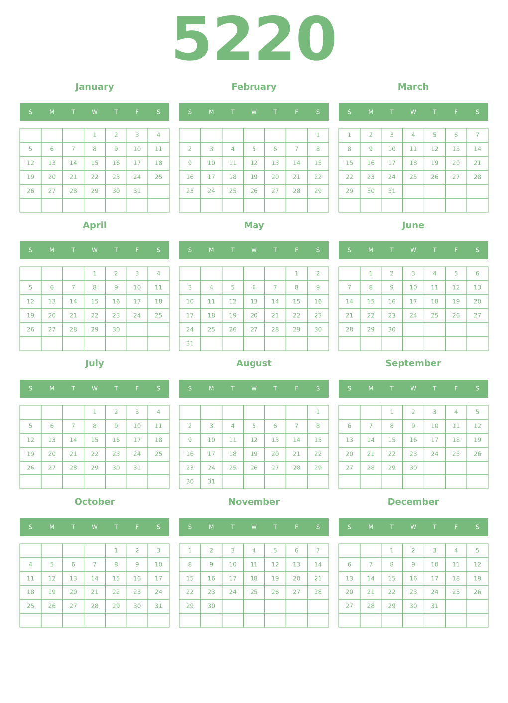 Printable 5220 Year Calendars celadon
