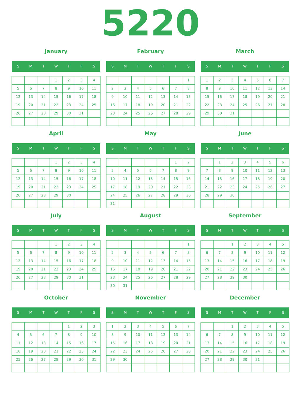Printable 5220 Year Calendars green