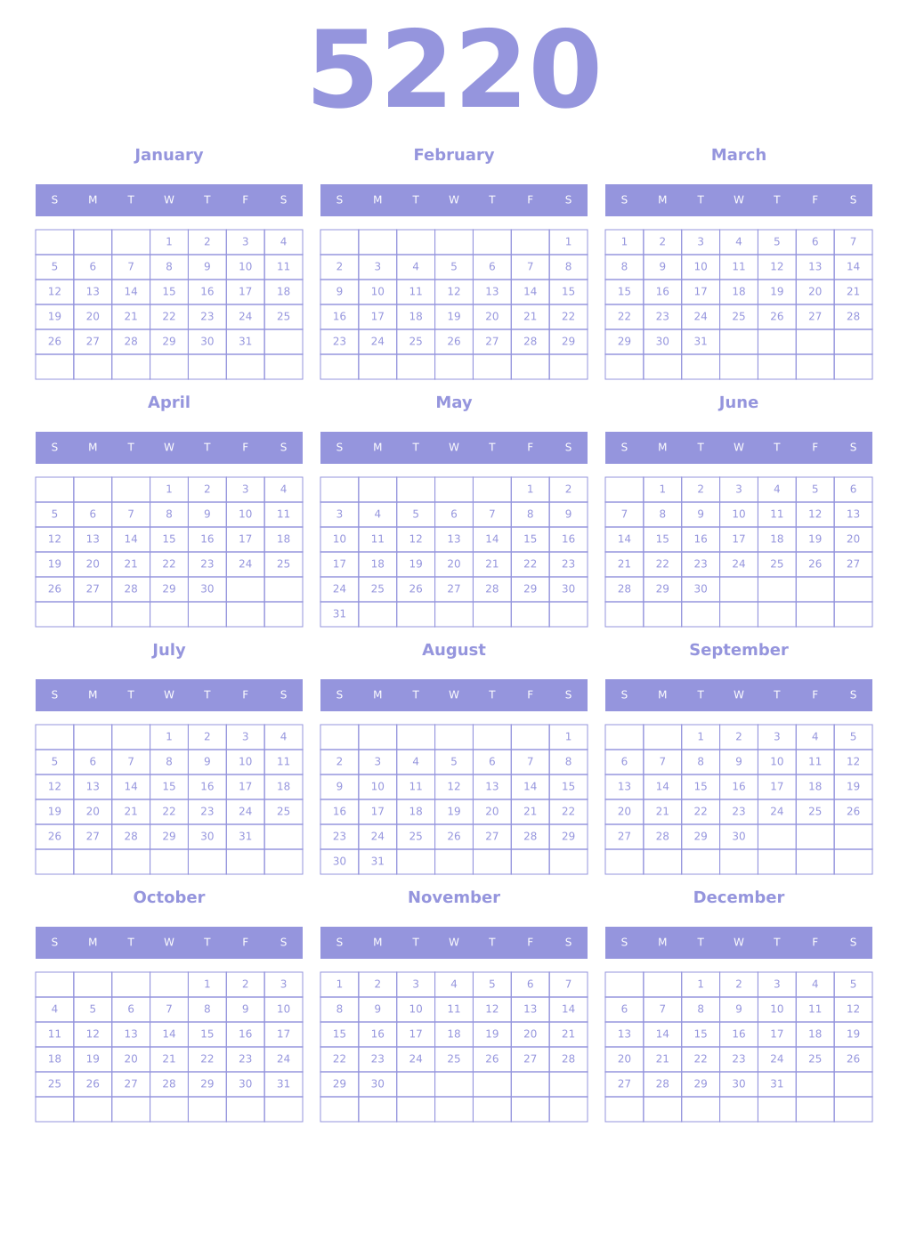Printable 5220 Year Calendars periwinkle