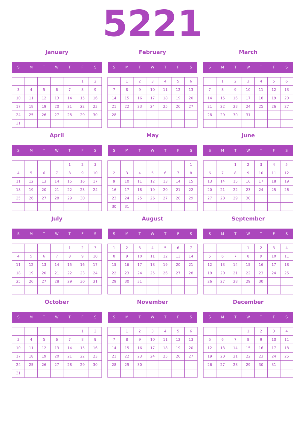 Printable 5221 Calendars