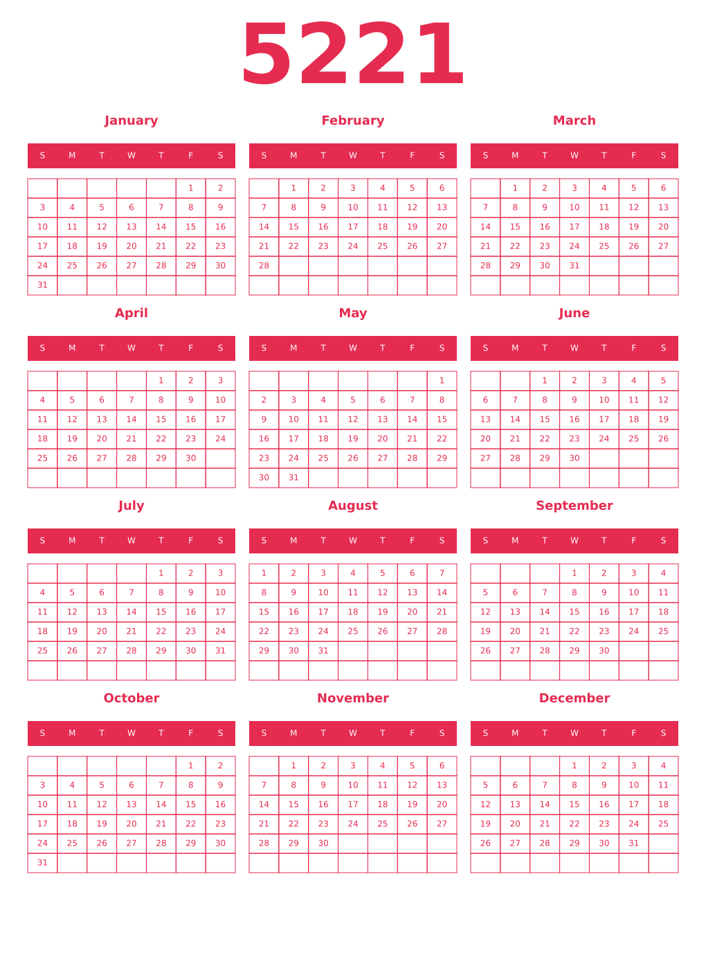 Printable 5221 Year Calendars amaranth