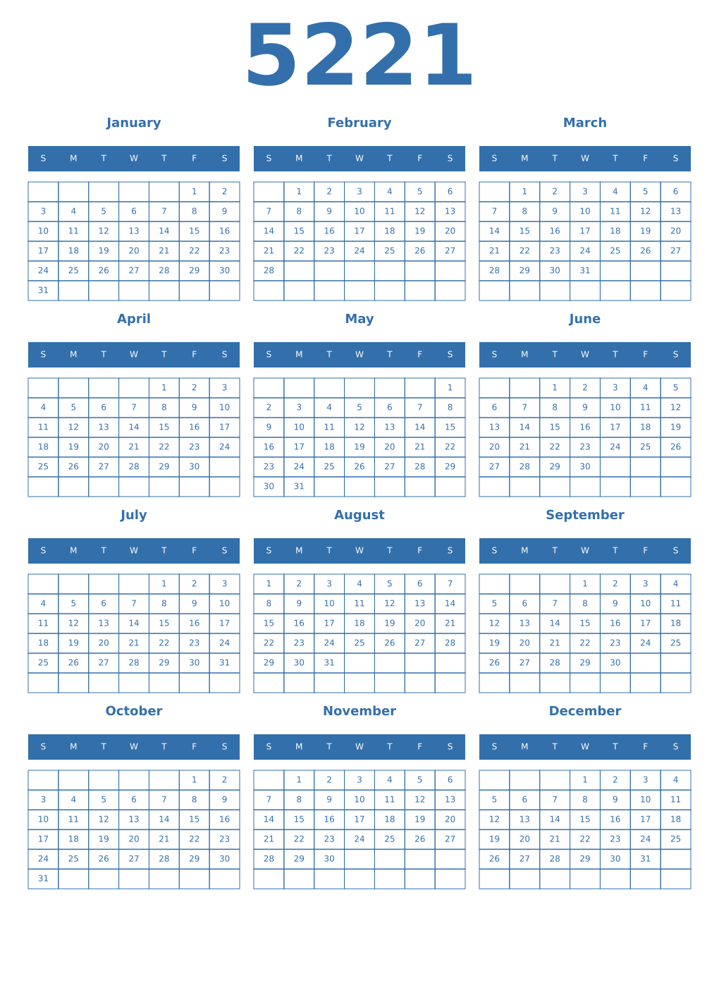 Printable 5221 Year Calendars blue