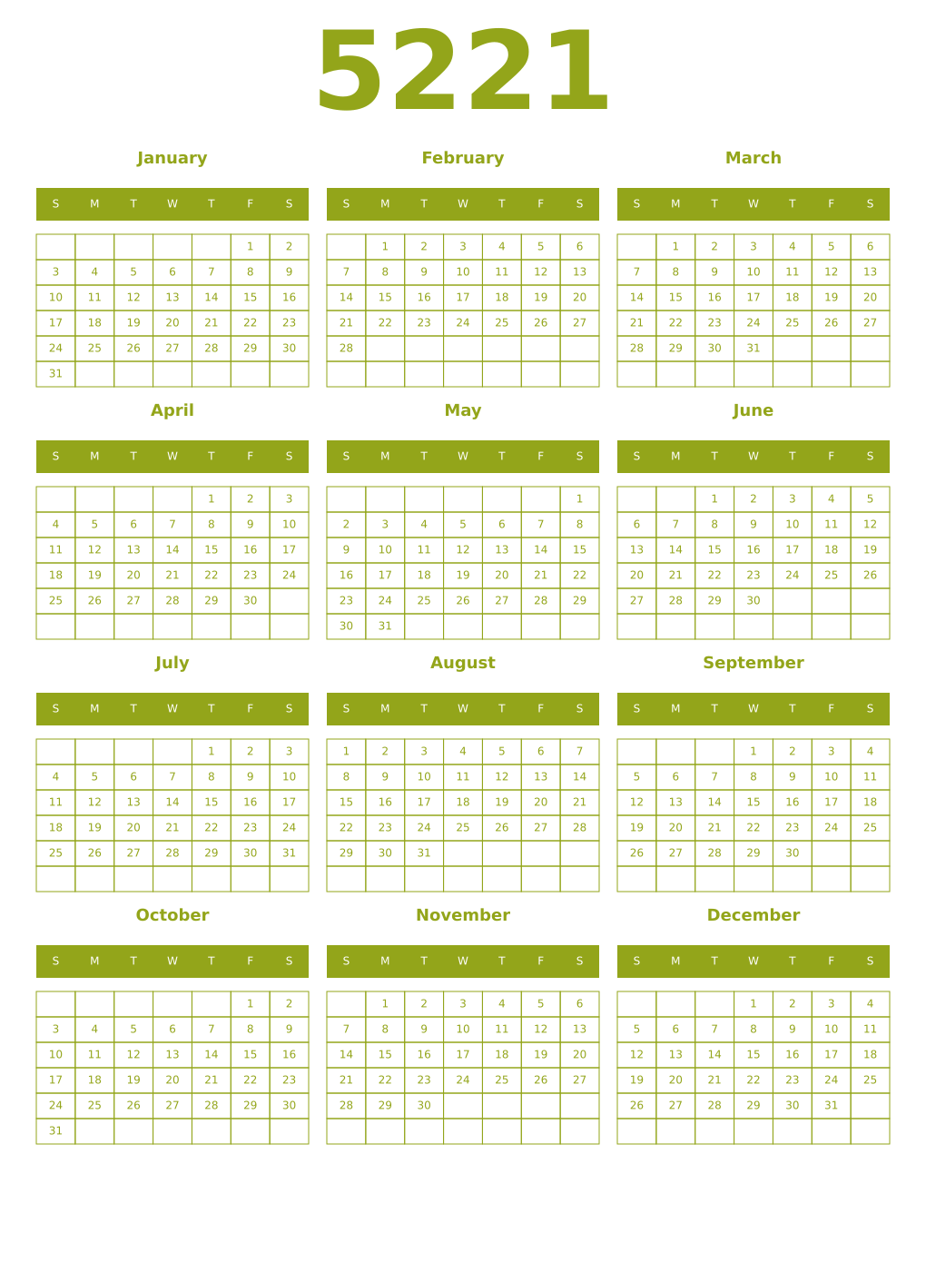 Printable 5221 Year Calendars chartreuse