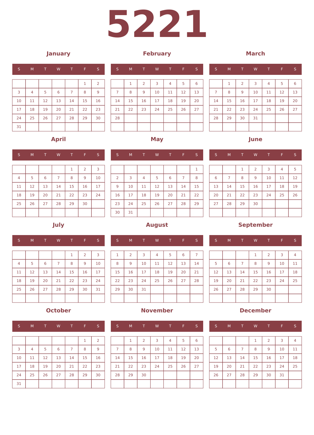 Printable 5221 Year Calendars cordovan