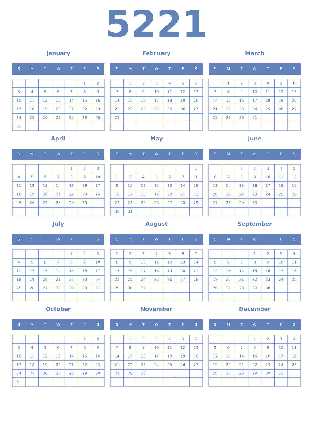 Printable 5221 Year Calendars glaucous