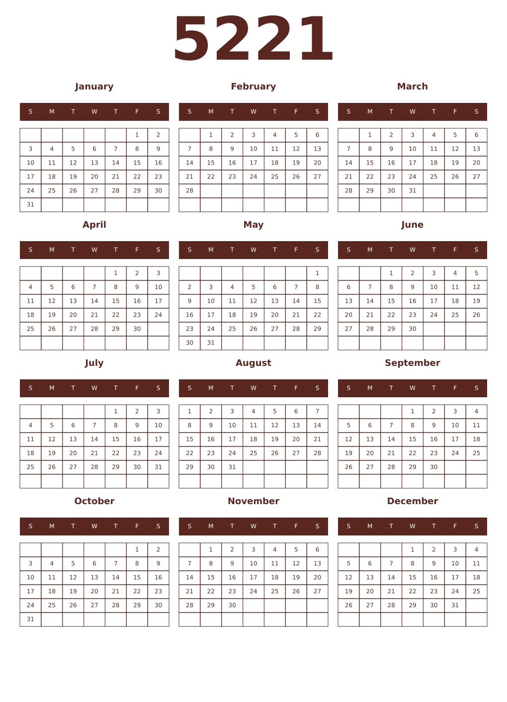 Printable 5221 Year Calendars mortuum