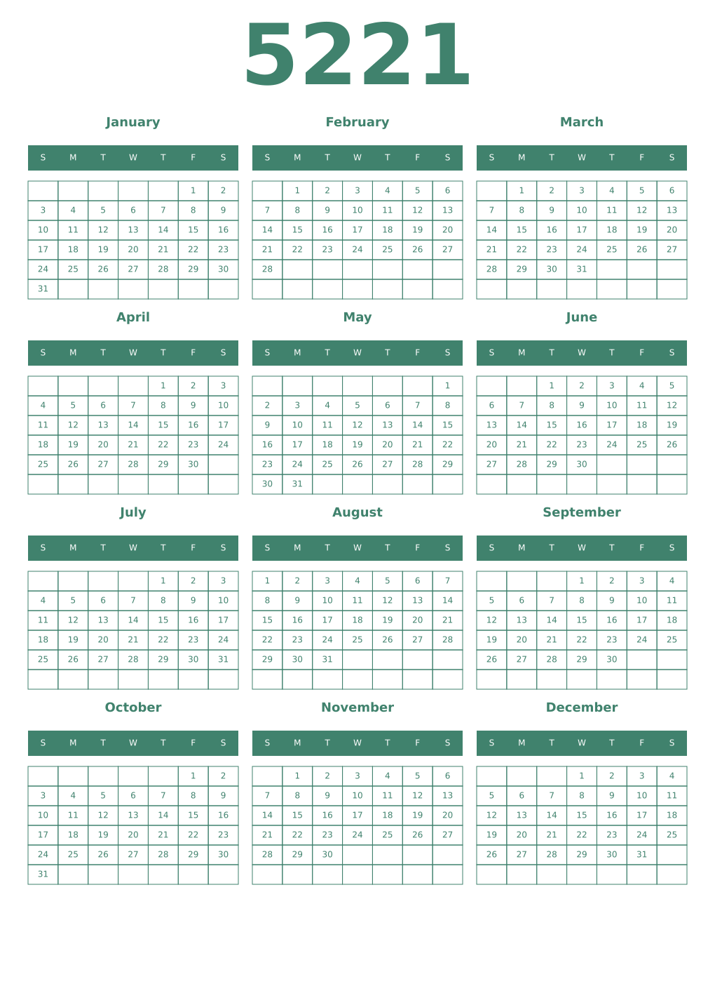 Printable 5221 Year Calendars viridian