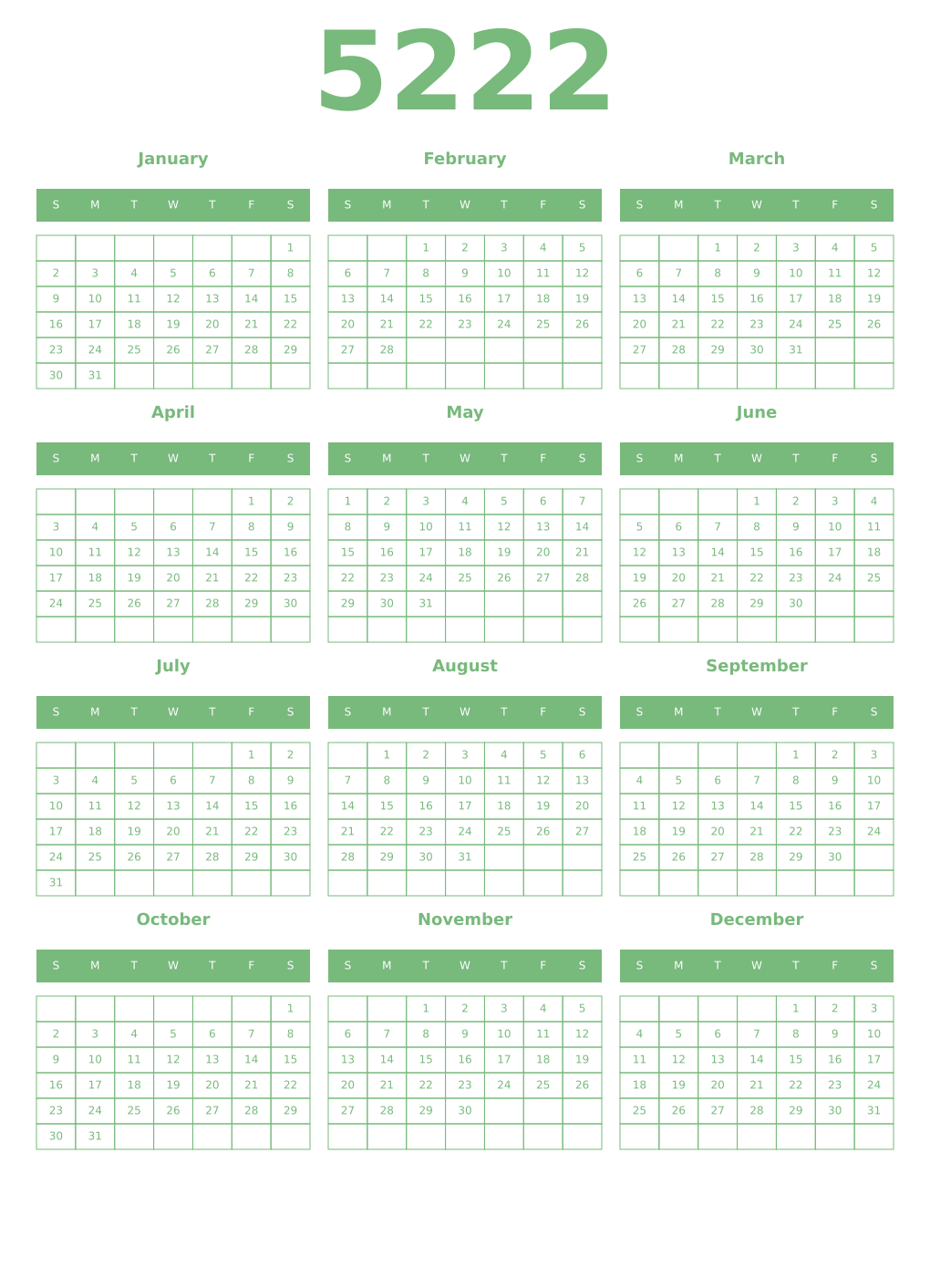 Printable 5222 Year Calendars celadon