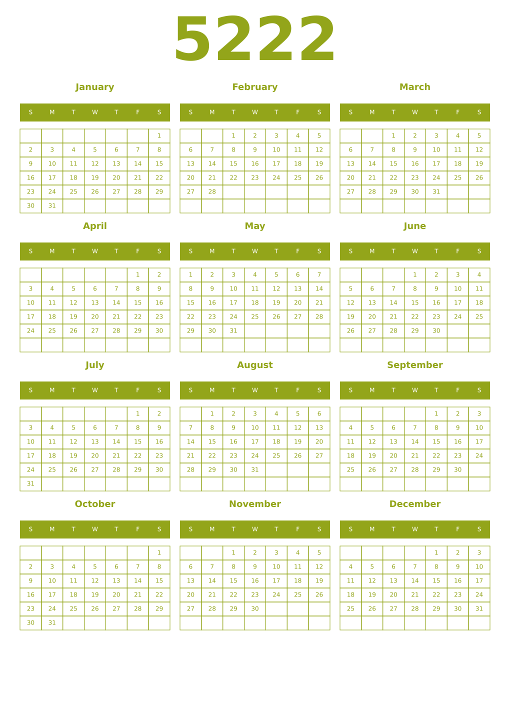 Printable 5222 Year Calendars chartreuse