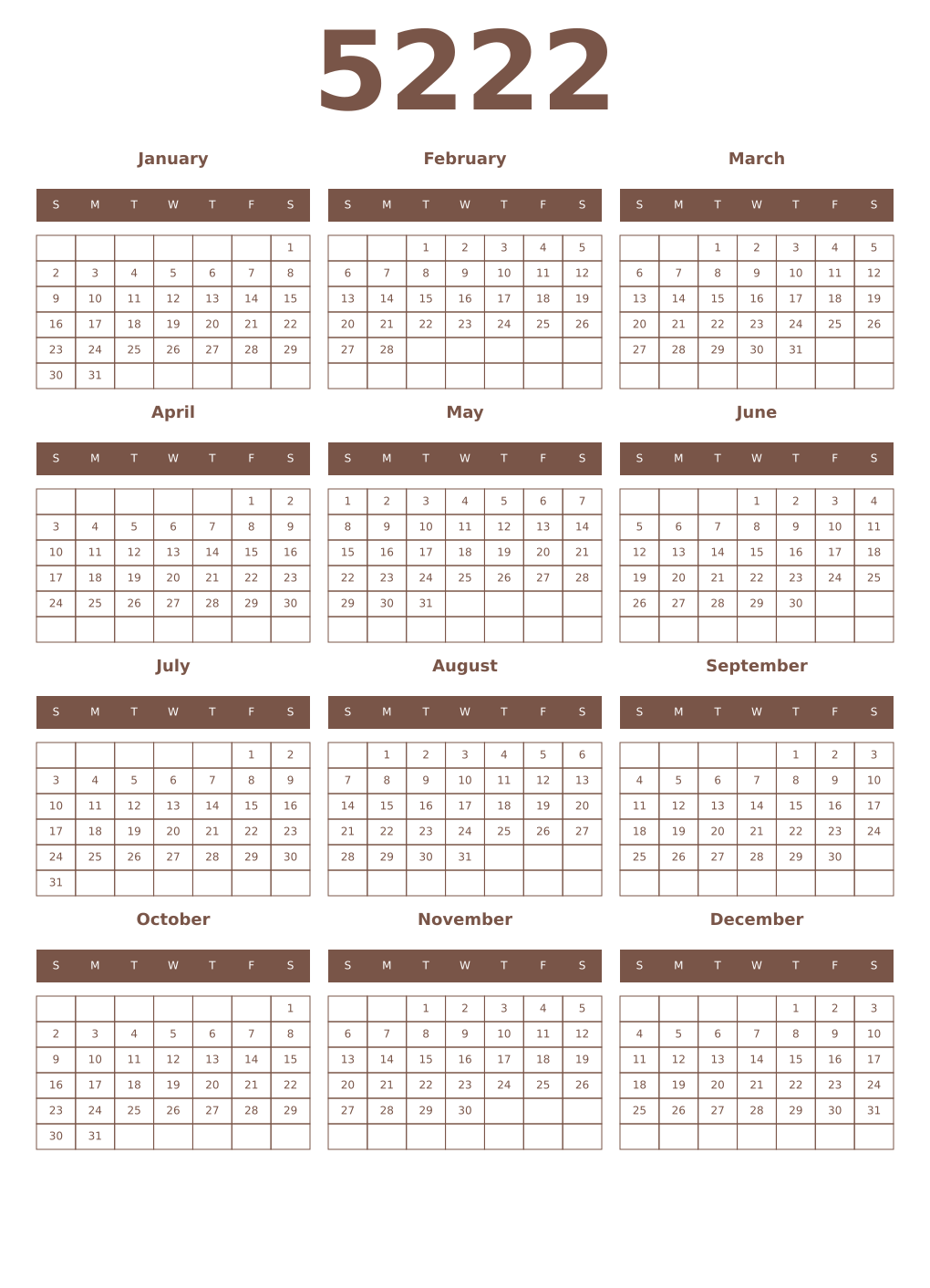 Printable 5222 Year Calendars coffe