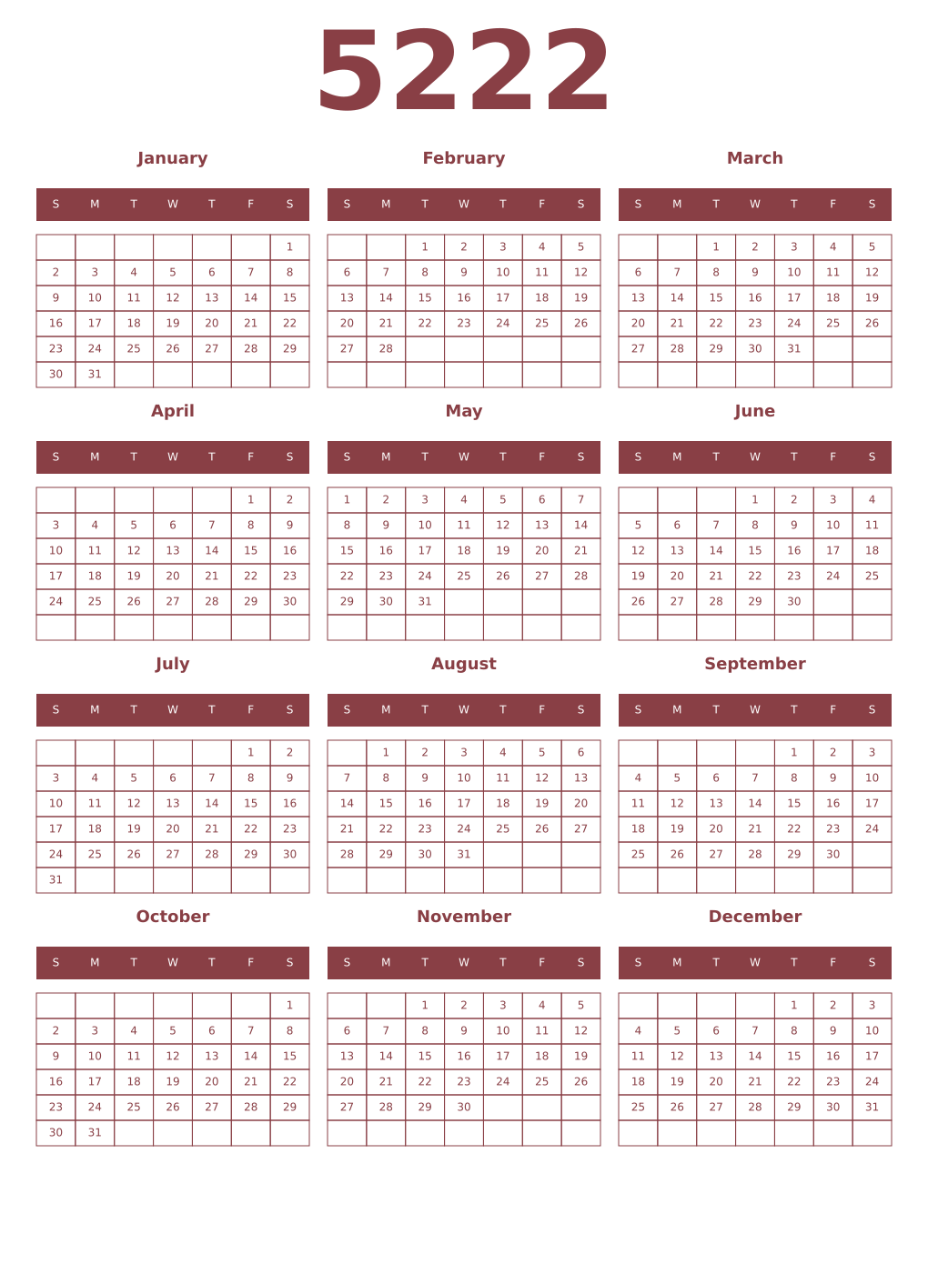 Printable 5222 Year Calendars cordovan