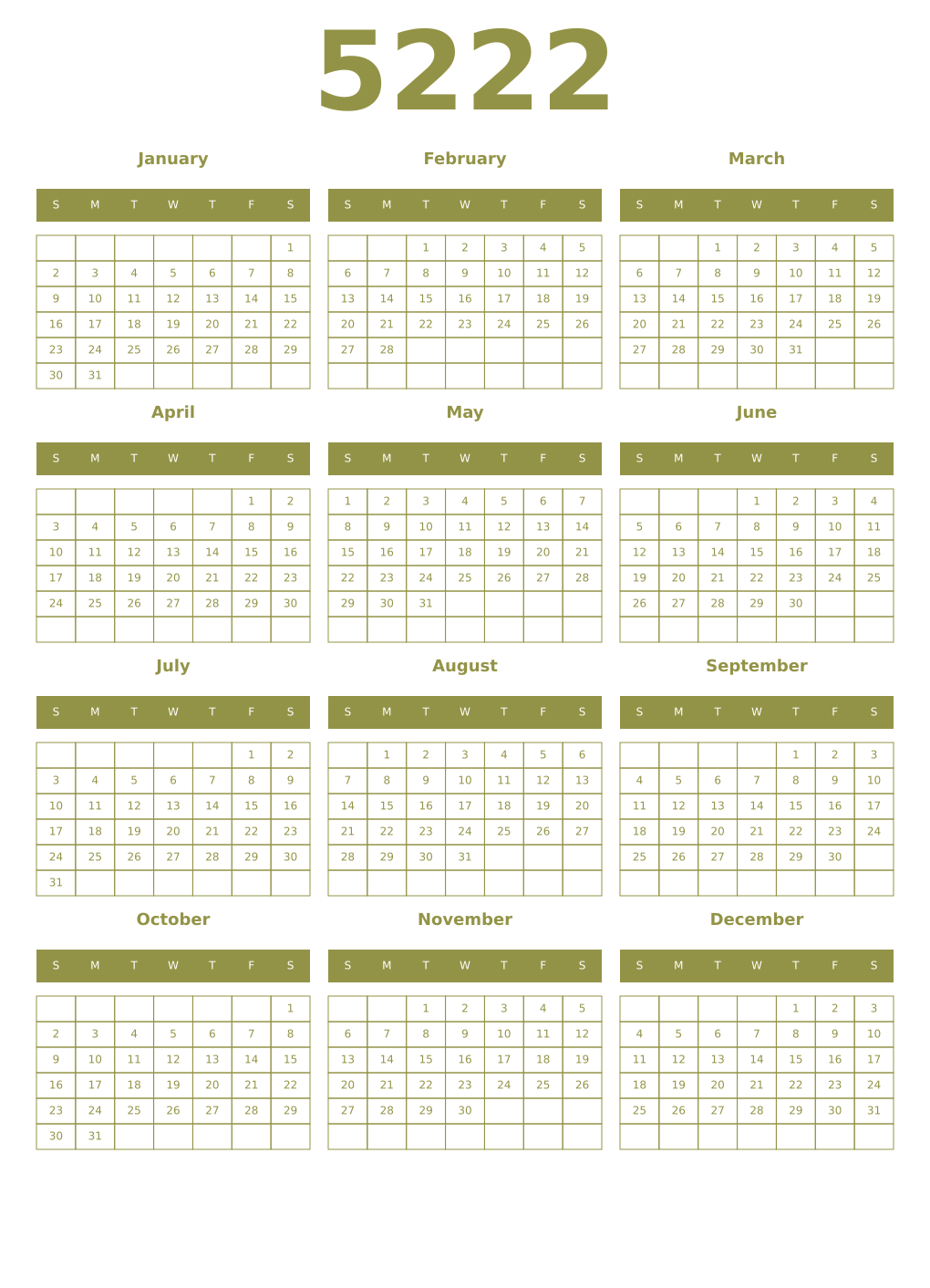 Printable 5222 Year Calendars eburnean