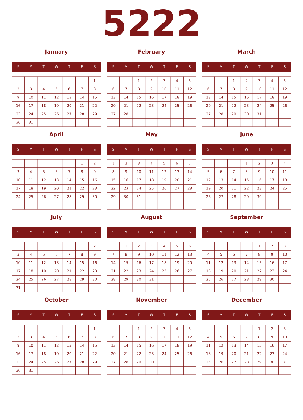 Printable 5222 Year Calendars falu