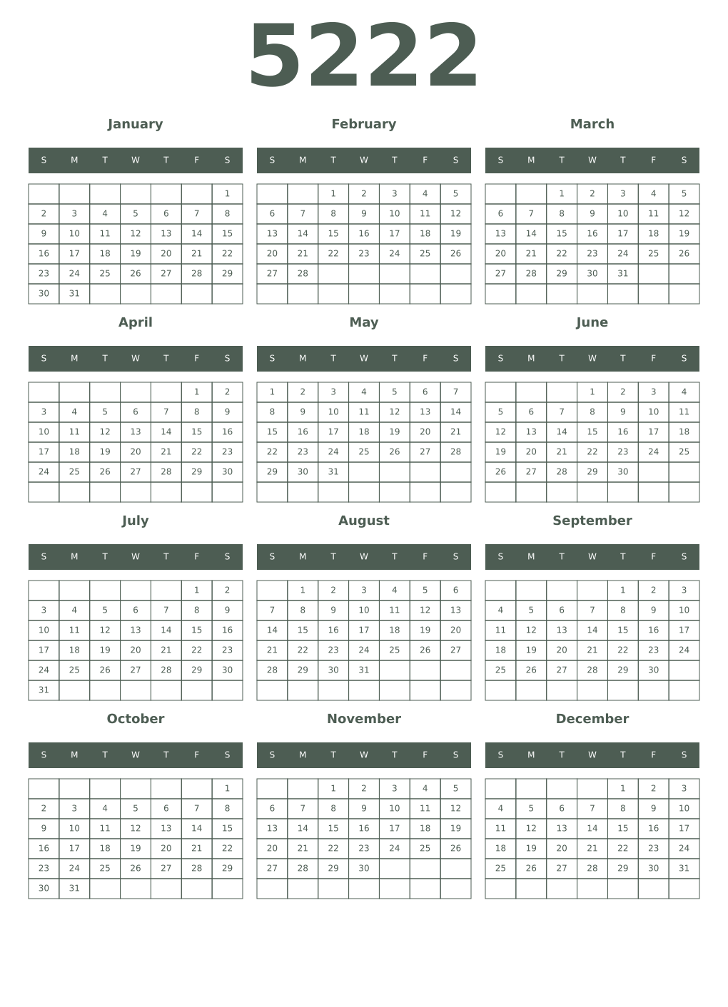 Printable 5222 Year Calendars feldgrau