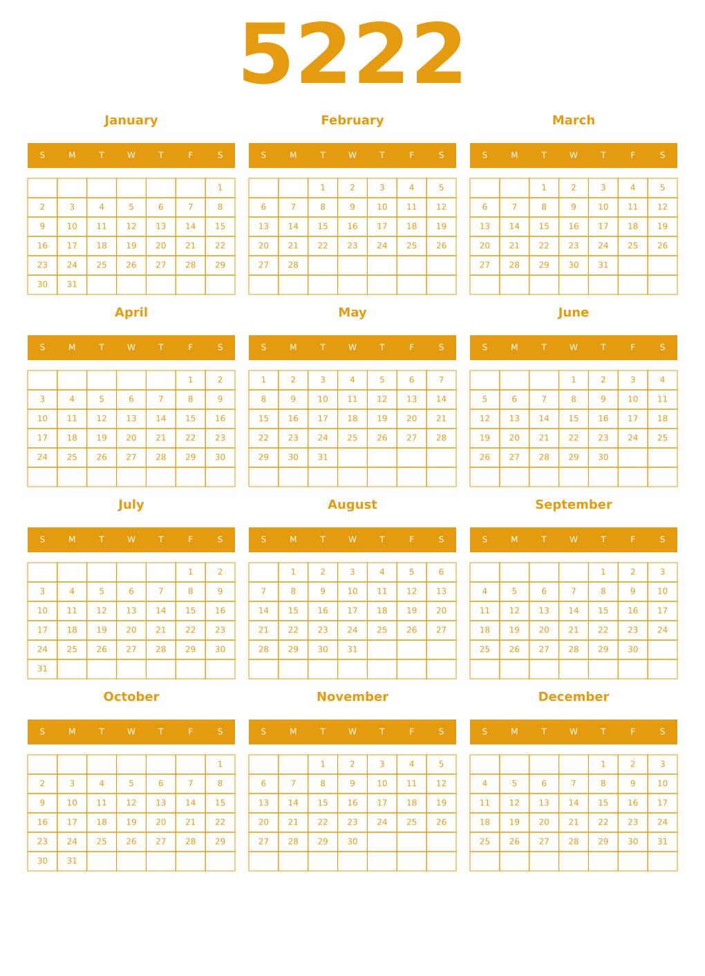 Printable 5222 Year Calendars gamboge
