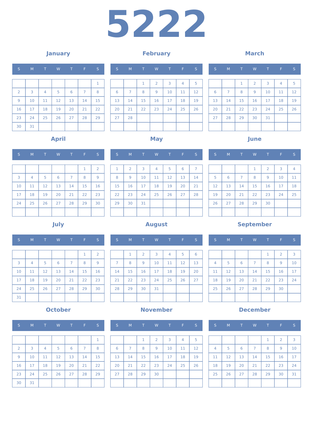 Printable 5222 Year Calendars glaucous