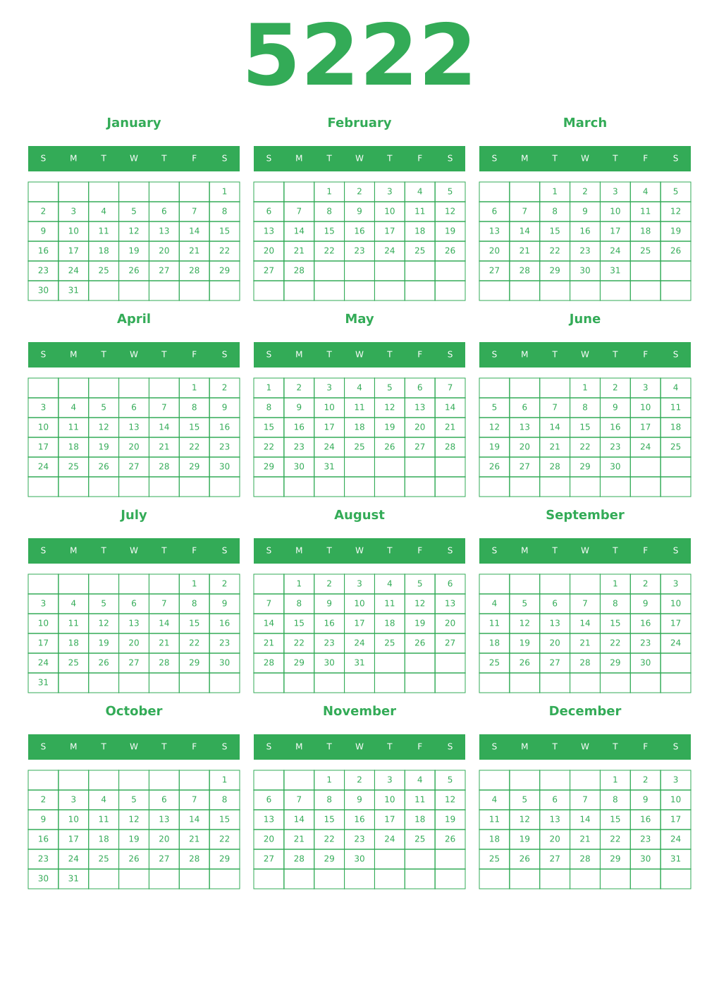 Printable 5222 Year Calendars green