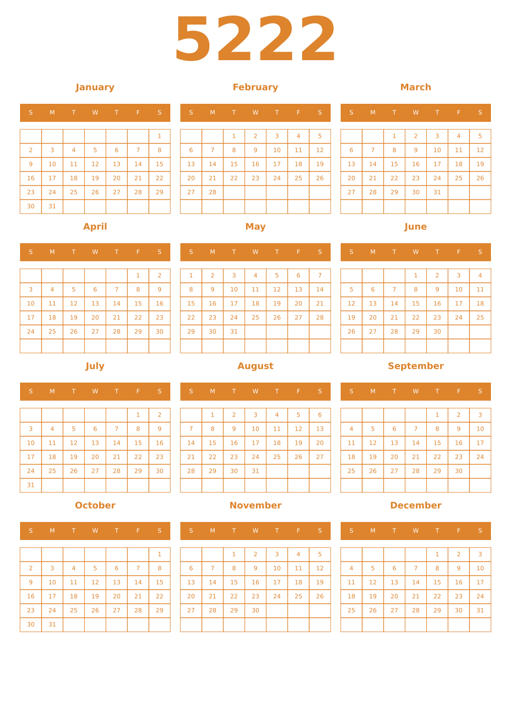 Printable 5222 Year Calendars orange