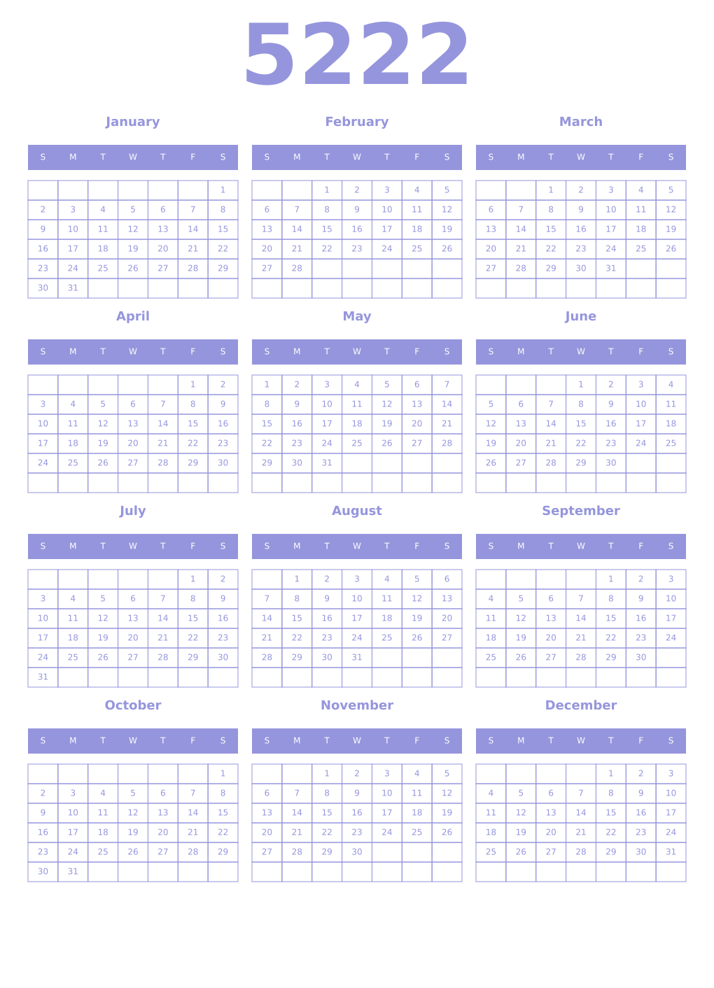 Printable 5222 Year Calendars periwinkle