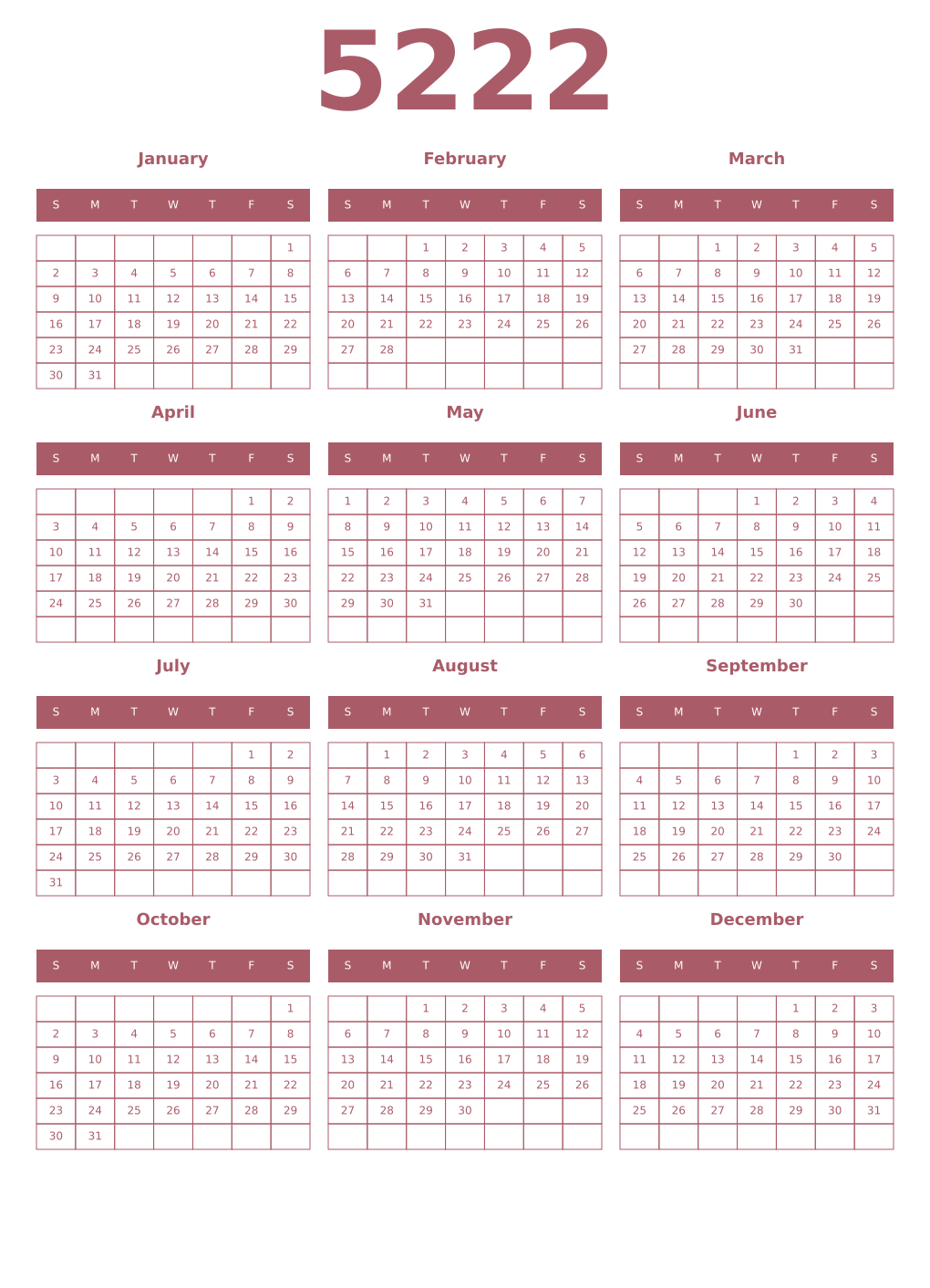 Printable 5222 Year Calendars puce