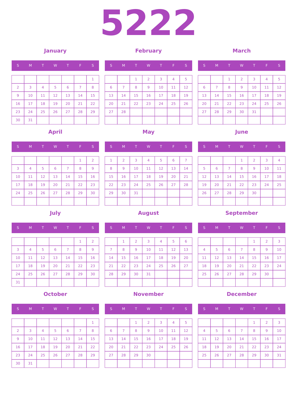 Printable 5222 Year Calendars purple